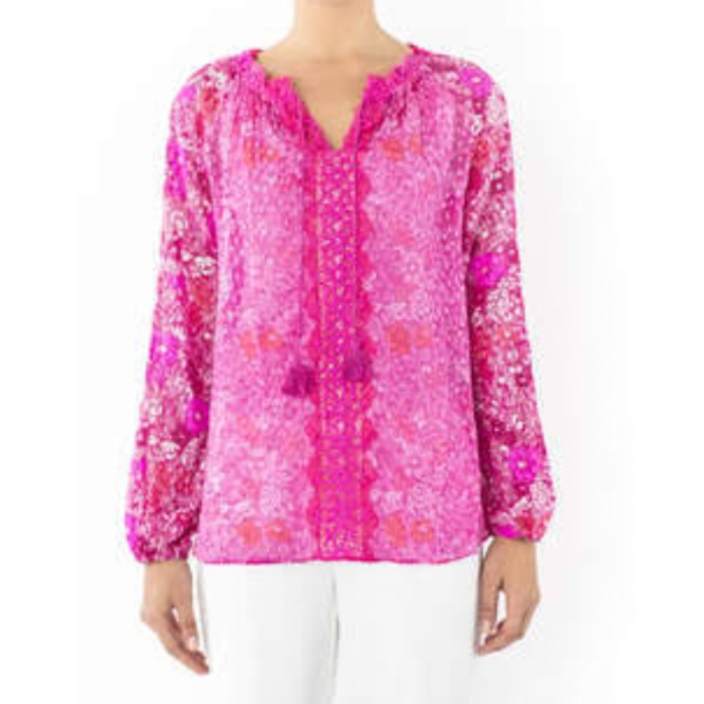 Elie Tahari Womens Tara Silk Floral Print with Lace Blouse  Size XL  Extra Large